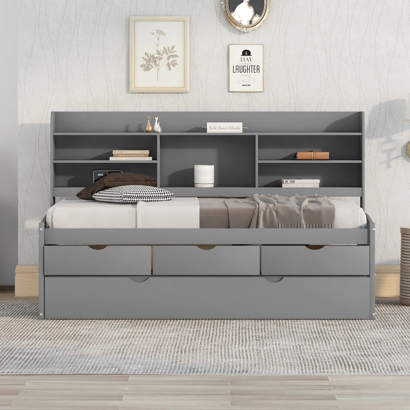 Classic Style Twin Size Wooden Captain Bed with Built-in Bookshelves, 3 Storage Drawers, and Trundle, 77.5" L x 88" W x 47" H, Gray