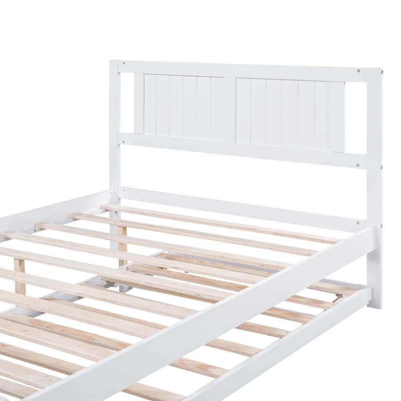 Full Size Platform Bed with Adjustable Trundle, Solid Pine Wood and MDF, 78" L x 97.5" W x 39.5" H, White