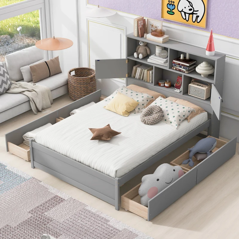 Vinsetto Full Size Platform Bed with Storage Headboard, Charging Station, 4 Drawers, Solid Wood and MDF, 85" L x 55" W x 48" H, Gray