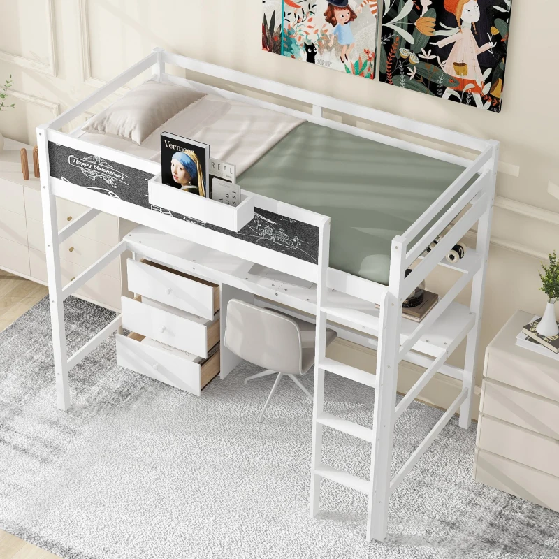 Wood Twin Size Loft Bed with Desk, Blackboard, Storage Box, Shelf, and 3 Drawers, 79" L x 42" W x 69.5" H, White