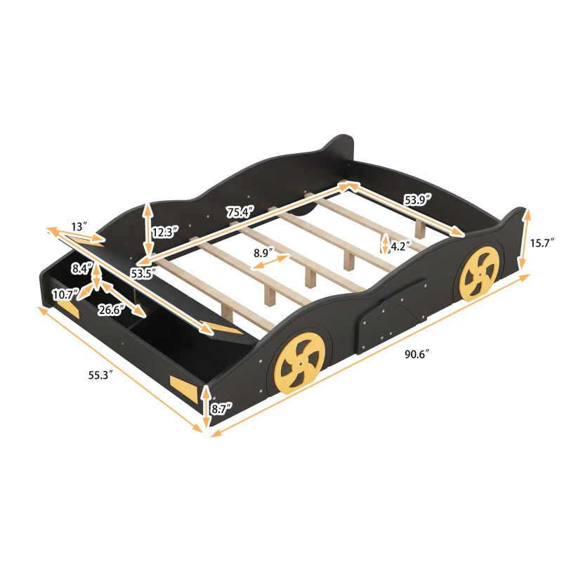 Full Size Race Car-Shaped Platform Bed with Wheels and Storage, Solid Wood and MDF, 90.5" L x 55" W x 15.5" H, Black