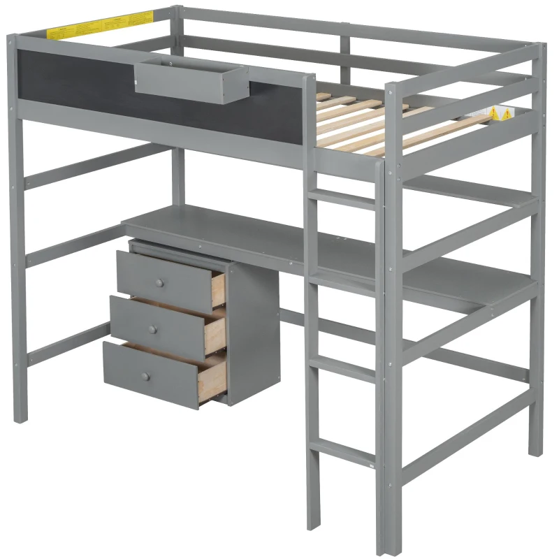 Wood Twin Size Loft Bed with Desk, Blackboard, Storage Box, Shelf, and 3 Drawers, 79" L x 42" W x 69.5" H, Gray