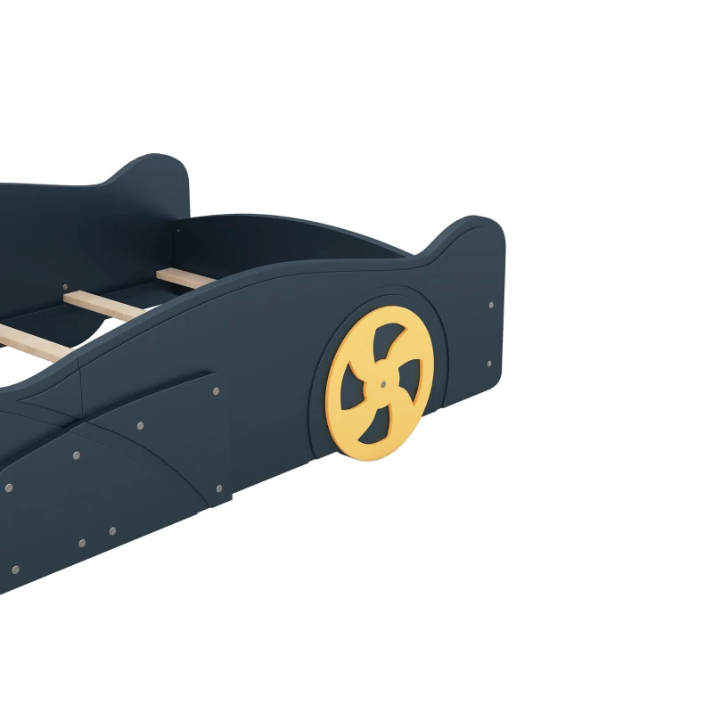 Twin Size Race Car-Shaped Platform Bed with Wheels and Storage, Solid Wood and MDF, 90.5" L x 40" W x 15.5" H, Dark Blue