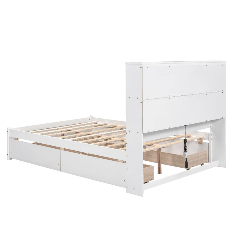 Vinsetto Full Size Platform Bed with Storage Headboard, Charging Station, and 4 Drawers, Solid Wood and MDF, 85" L x 55" W x 48" H, White