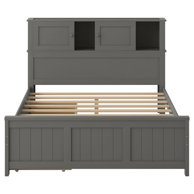Vinsetto Full Size Platform Bed with Storage Headboard, Sliding Door, 2 Drawers, Solid Wood and MDF, 89" L x 58" W x 42" H, Gray