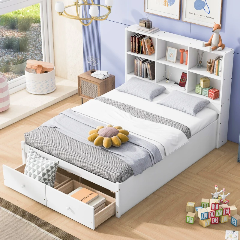 Full Size Platform Bed with Storage Headboard, Charging Station, and 2 Drawers, Solid Wood and MDF, 85" L x 55" W x 48" H, White