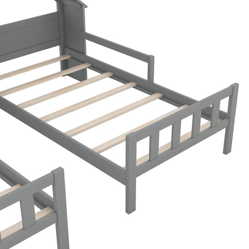 Double Twin Size Platform Bed with House-Shaped Headboard, Built-in Nightstand, Solid Wood Construction, 99.5" L x 78" W x 48" H, Gray