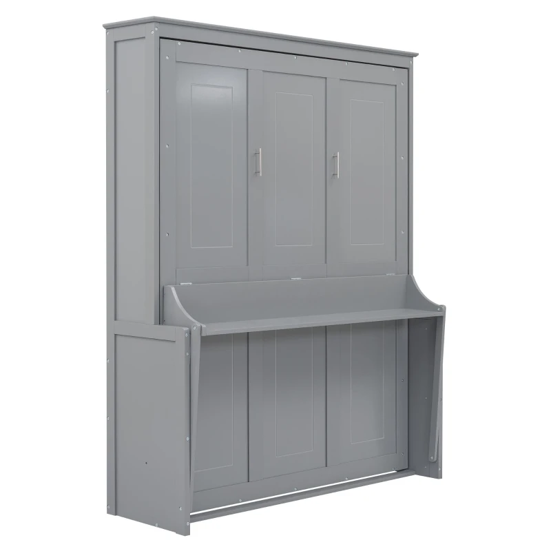 Space-Saving Design Queen Size Murphy Bed with Shelf, Solid Wood and MDF, 86" L x 69.5" W x 87" H, Gray