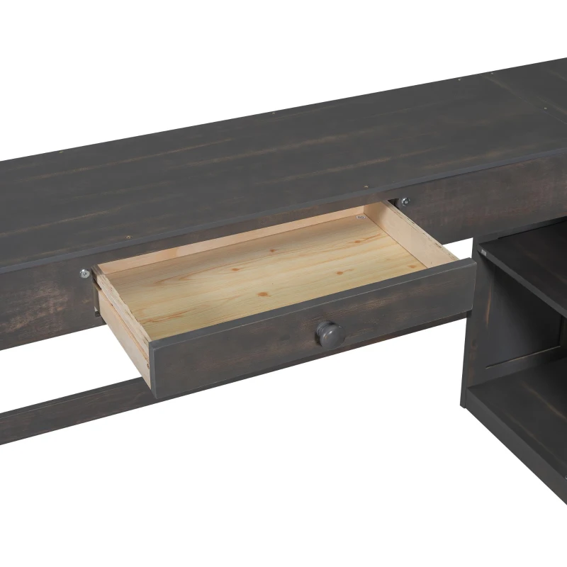 Full Size Loft Bed with U-shaped Desk, Drawers, Storage Shelves, and Sturdy Wood Frame, 77.5" L x 70" W x 75.5" H, Antique Brown