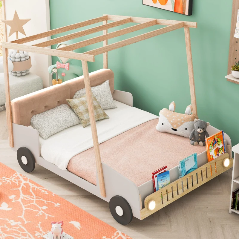 Wood Full Size Car Bed with Pillow, Ceiling Cloth, LED Lights, and Magazine Holder, 79" L x 57.5" W x 62" H, Natural