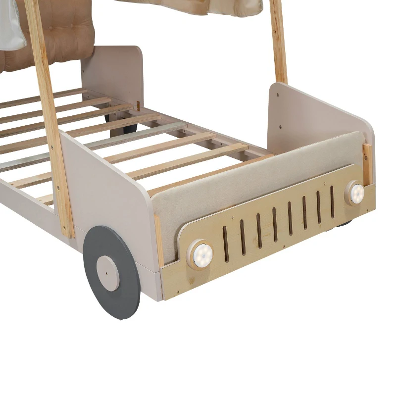 Wood Twin Size Car Bed with Pillow, Ceiling Cloth, LED Lights, and Magazine Holder, 79" L x 42.5" W x 62" H, Natural