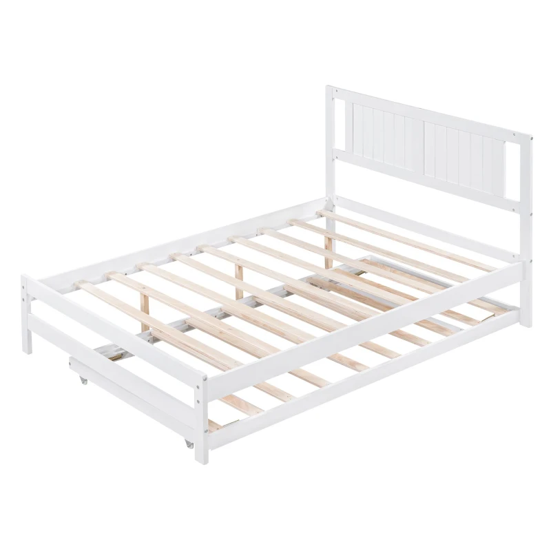 Full Size Platform Bed with Adjustable Trundle, Solid Pine Wood and MDF, 78" L x 97.5" W x 39.5" H, White