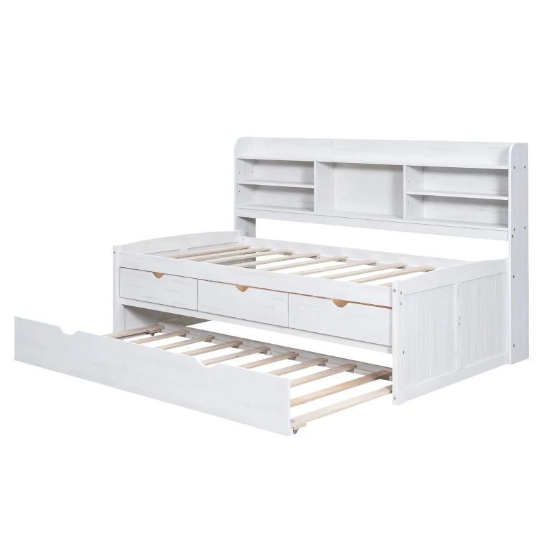 Vinsetto Classic Style Twin Size Wooden Captain Bed with Built-in Bookshelves, 3 Storage Drawers, Trundle, 77.5" L x 88" W x 47" H, White Washed