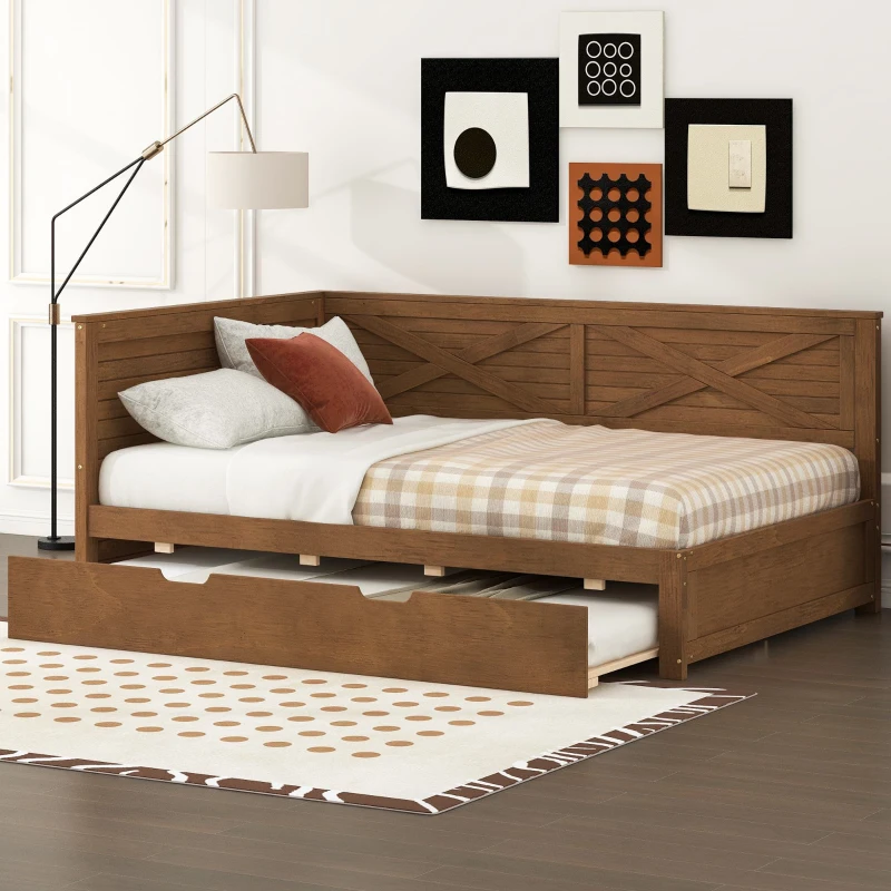 Vinsetto Twin Size Wood Daybed with Trundle, Rustic Guardrail, Solid Wood Construction, 77.5" L x 42" W x 33.5" H, Brown