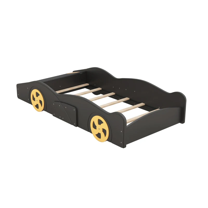 Twin Size Race Car-Shaped Platform Bed with Wheels and Storage, Solid Wood and MDF, 90.5" L x 40" W x 15.5" H, Black