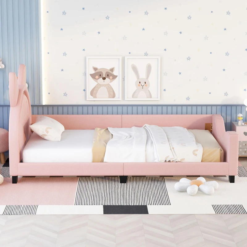 Twin Size Upholstered Daybed with Carton Ears Shaped Headboard, Sturdy Wood Frame, Easy Assembly, 80" L x 41" W x 37" H, Pink