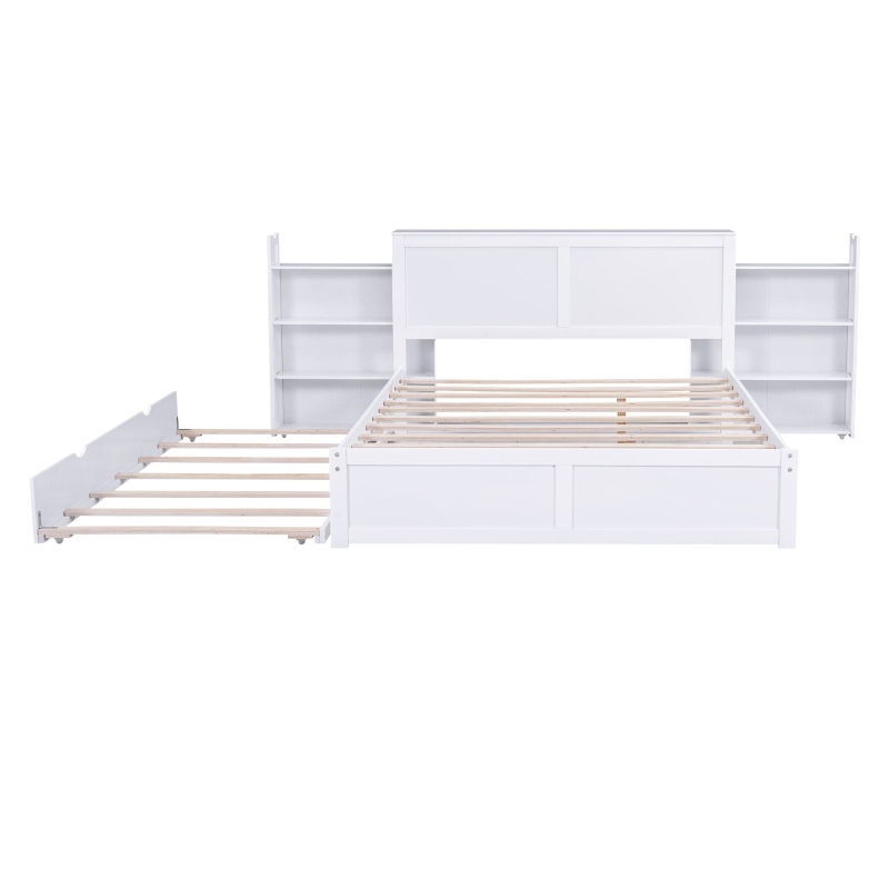 Queen Size Storage Platform Bed with Pull Out Shelves and Twin XL Trundle, Solid Wood and MDF, 111.5" L x 93.5" W x 39.5" H, White