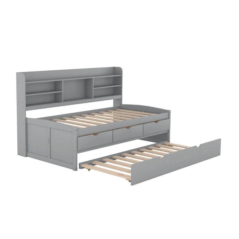 Classic Style Twin Size Wooden Captain Bed with Built-in Bookshelves, 3 Storage Drawers, and Trundle, 77.5" L x 88" W x 47" H, Gray