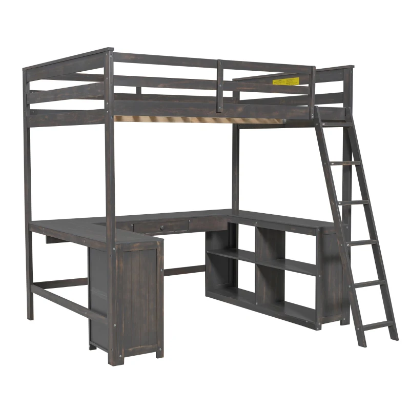 Full Size Loft Bed with U-shaped Desk, Drawers, Storage Shelves, and Sturdy Wood Frame, 77.5" L x 70" W x 75.5" H, Antique Brown