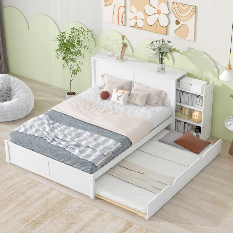 Queen Size Storage Platform Bed with Pull Out Shelves and Twin XL Trundle, Solid Wood and MDF, 111.5" L x 93.5" W x 39.5" H, White