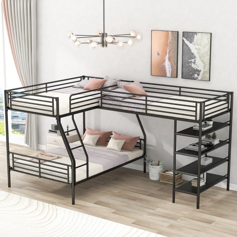 L-Shaped Twin over Full Bunk Bed and Twin Loft Bed with Built-in Shelves, Full-Length Guardrails, and Ladder, 117" L x 77.5" W x 63" H, Black