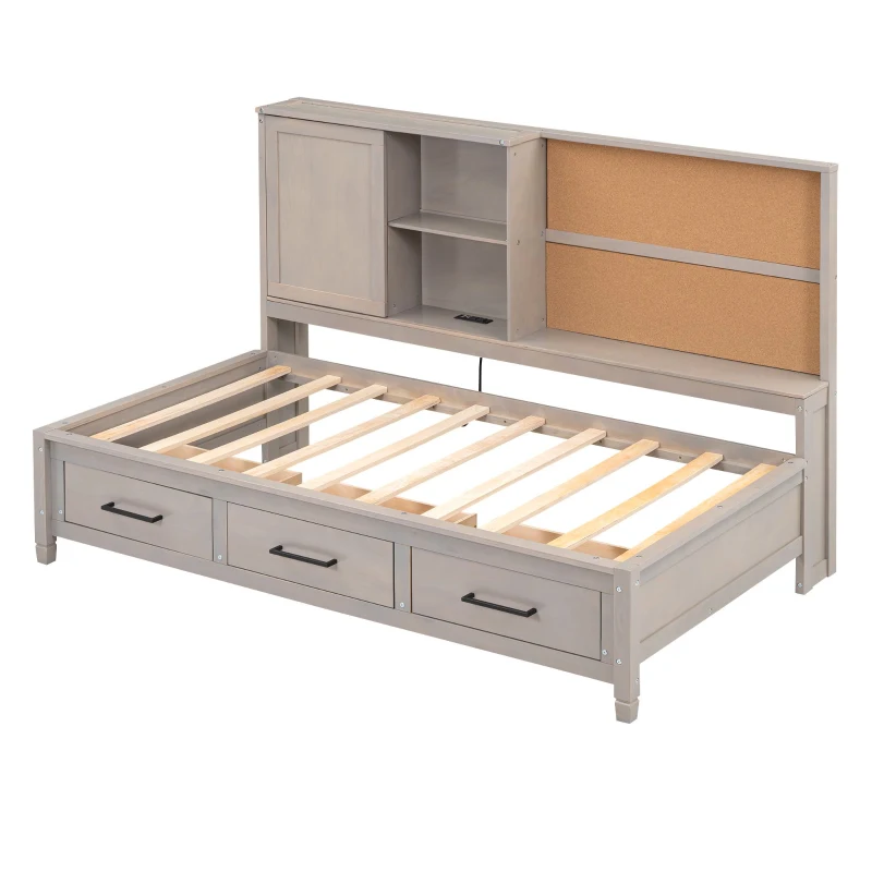 Twin Size Lounge Daybed with Storage Shelves, Cork Board, USB Ports, and 3 Drawers, 78.5" L x 50" W x 51" H, Antique Gray