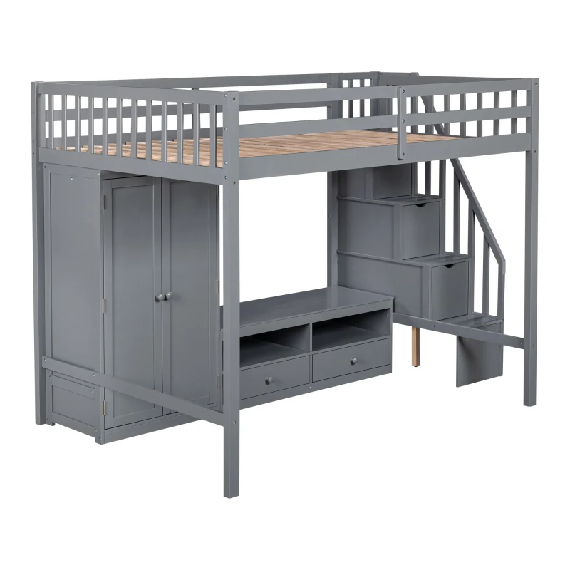 Full Size Loft Bed Frame with Wardrobe, Low Storage Table, Storage Staircase, Solid Wood and MDF, 93.5" L x 56.5" W x 65.5" H, Gray