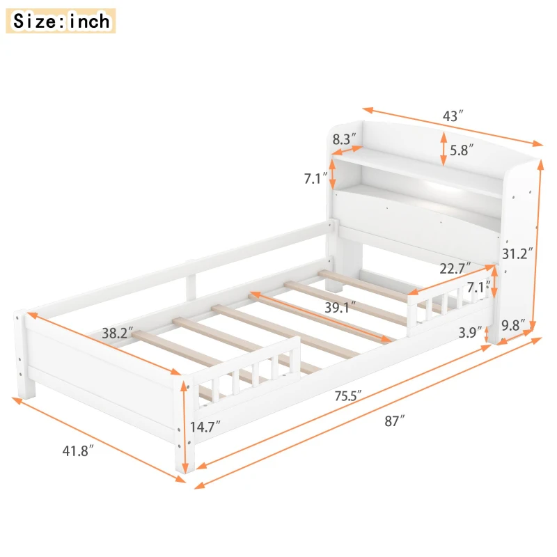 Wood Twin Size Platform Bed with Built-in LED Light, Storage Headboard, Guardrail, and Sturdy Construction, 87" L x 43" W x 31" H, White