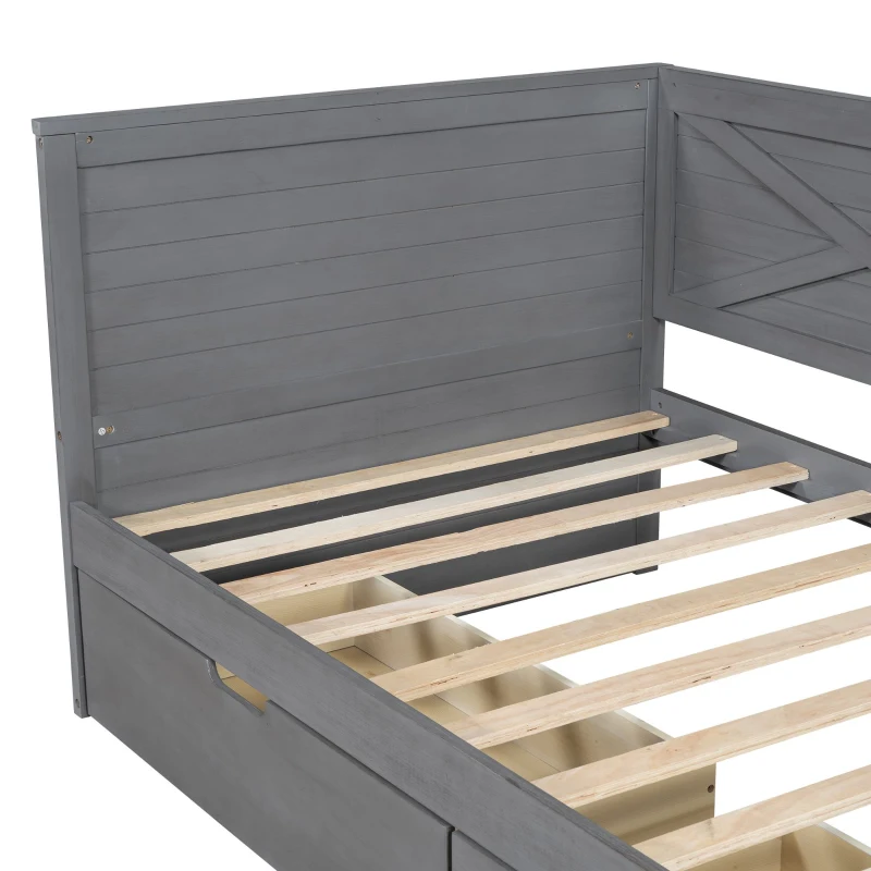 Vinsetto Twin Size Wood Daybed with 2 Drawers, Rustic Guardrail, Solid Pine Wood and MDF, 77.5" L x 42" W x 33.5" H, Grey