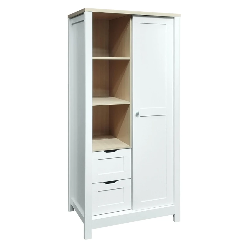 Bedroom Storage Wardrobe with Hanging Rods, 2 Drawers, Open Shelves, and Sliding Door, 31.5" L x 20.5" W x 68" H, White
