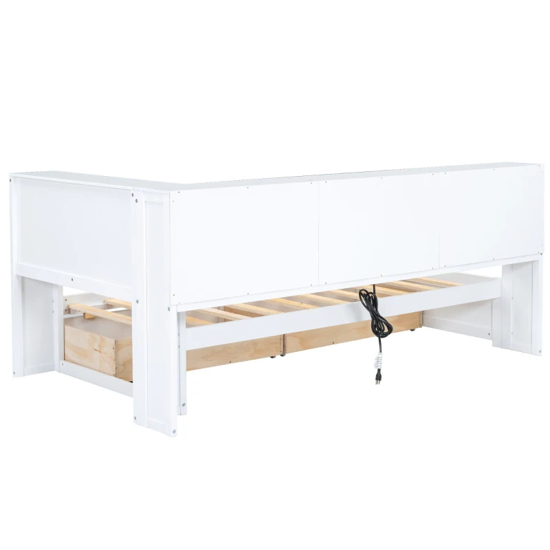 Vinsetto Twin Size Daybed with 2 Storage Drawers, Storage Cabinets, USB Ports, Solid Wood and MDF, 86" L x 51" W x 37.5" H, White