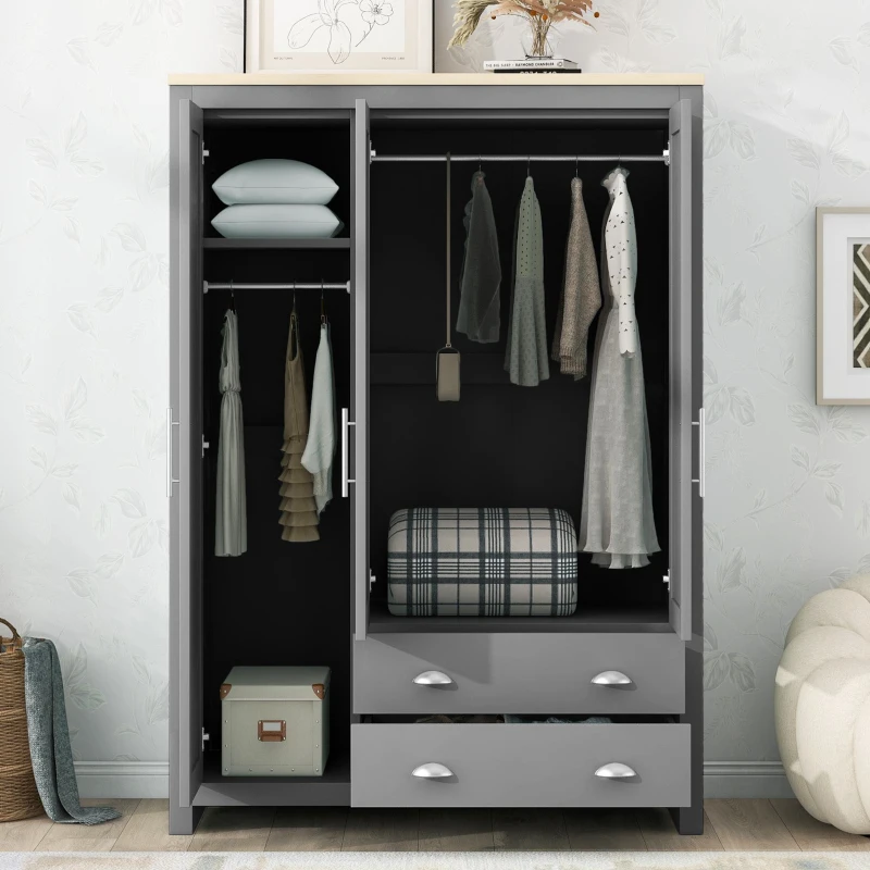 3 Door Storage Wardrobe with Cabinets, 2 Hanging Rods, and Drawers, 47" L x 20" W x 68" H, Gray