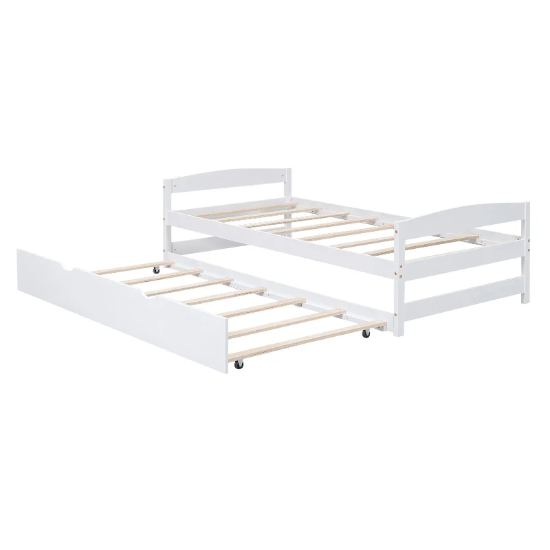 Twin Size Platform Bed with Twin Size Trundle, Headboard and Footboard, Sturdy Pine Wood Construction, 77.5" L x 40.5" W x 22" H, White
