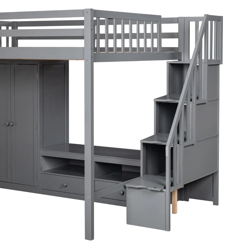 Full Size Loft Bed Frame with Wardrobe, Low Storage Table, Storage Staircase, Solid Wood and MDF, 93.5" L x 56.5" W x 65.5" H, Gray