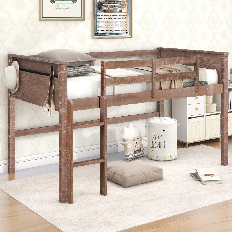 Wood Twin Size Loft Bed with Hanging Clothes Racks, Guardrails, and Playful Space, Solid Pine Construction, 79" L x 42" W x 42.5" H, Natural
