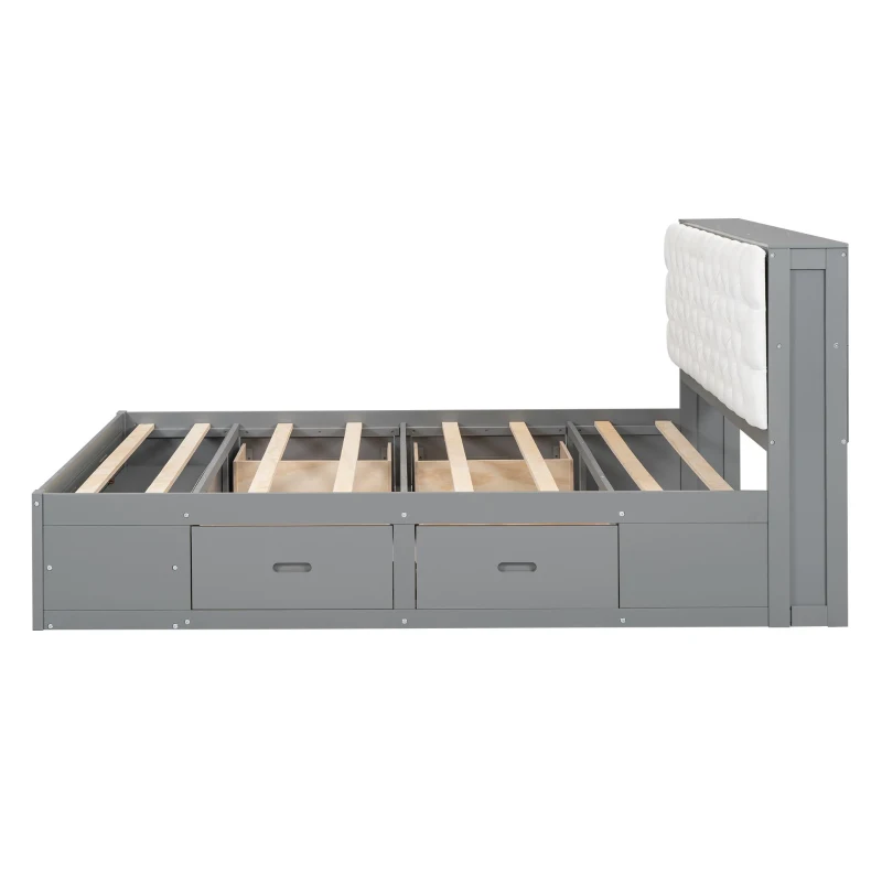 Wood Queen Size Platform Bed with Storage Headboard, Shoe Rack, and 4 Drawers, 90.5" L x 63" W x 43" H, Gray