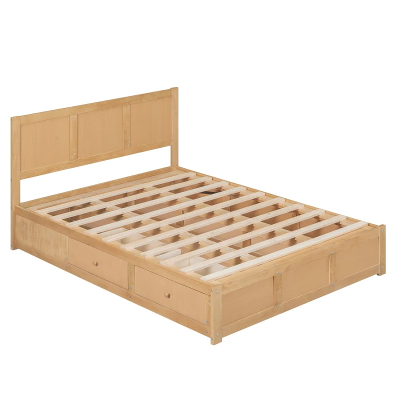 Queen Size Wood Platform Bed with Underneath Storage, 2 Drawers, and Sturdy Wood Frame, 82" L x 63.5" W x 37.5" H, Natural