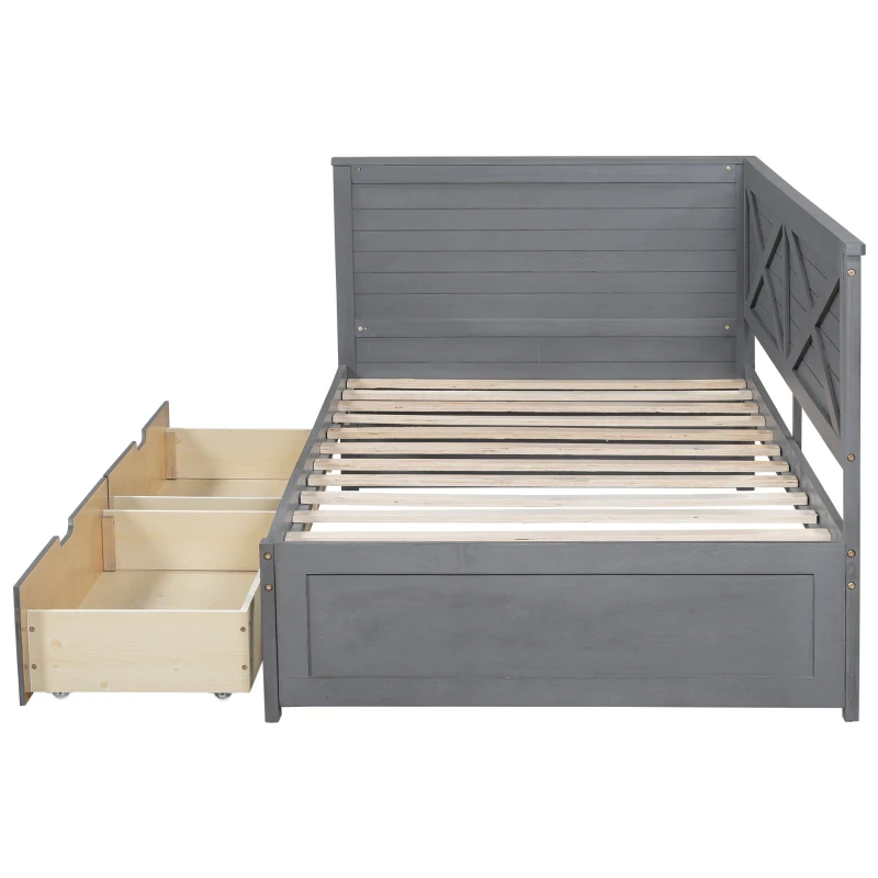 Vinsetto Twin Size Wood Daybed with 2 Drawers, Rustic Guardrail, Solid Pine Wood and MDF, 77.5" L x 42" W x 33.5" H, Grey