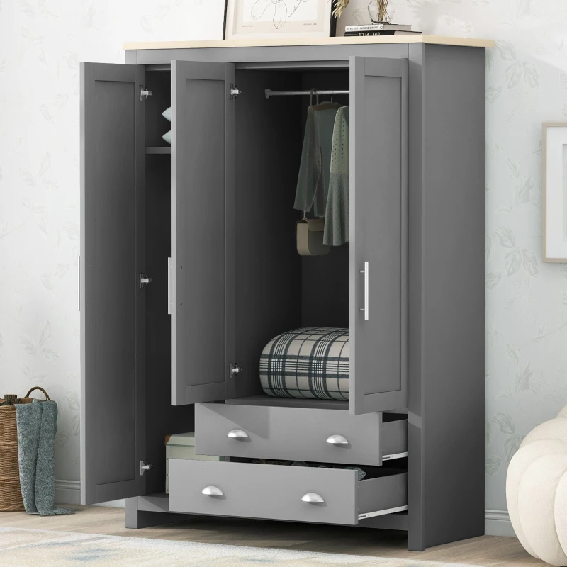 3 Door Storage Wardrobe with Cabinets, 2 Hanging Rods, and Drawers, 47" L x 20" W x 68" H, Gray