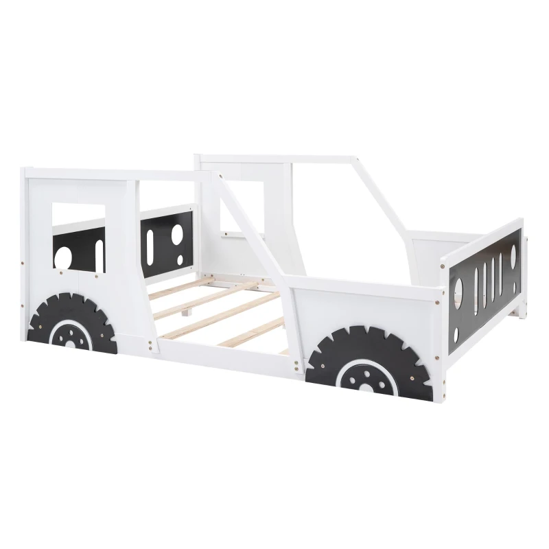 Full Size Classic Car-Shaped Platform Bed with Wheels, Sturdy Pine Wood and MDF Frame, Easy Assembly, 77.5" L x 57" W x 32" H, White