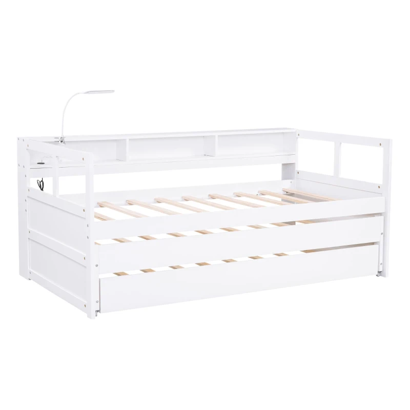 Twin XL Wood Daybed with 2 Trundles, 3 Storage Cubbies, USB Charging Design, and Free Light, 82" L x 129.5" W x 35.5" H, White