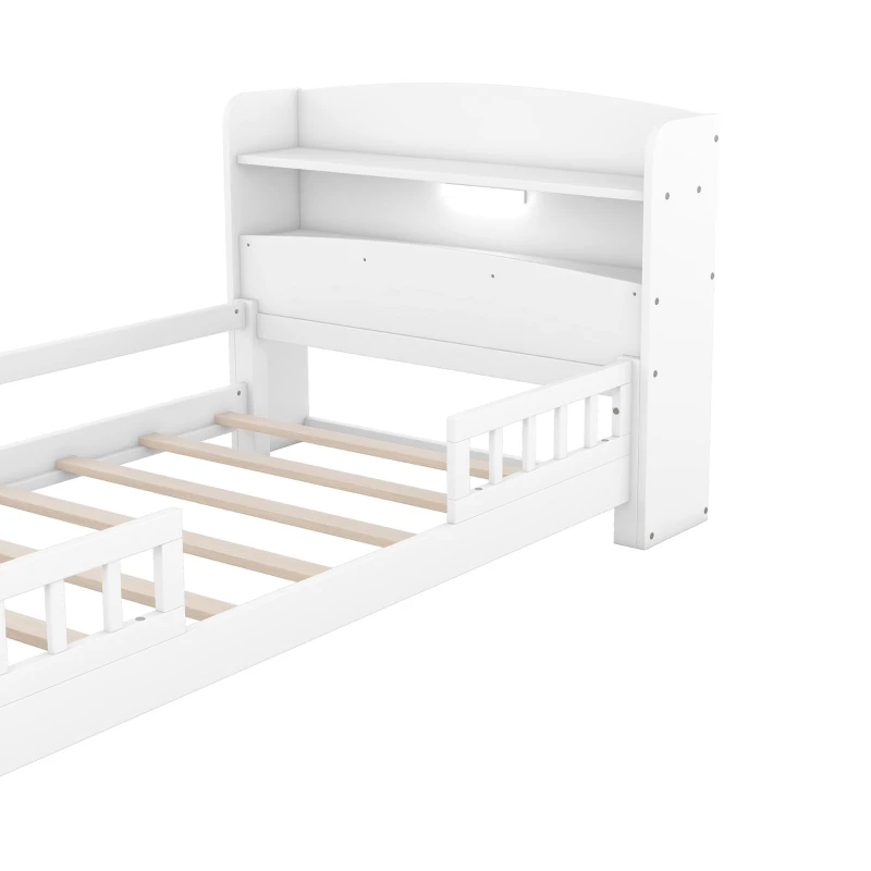 Wood Twin Size Platform Bed with Built-in LED Light, Storage Headboard, Guardrail, and Sturdy Construction, 87" L x 43" W x 31" H, White