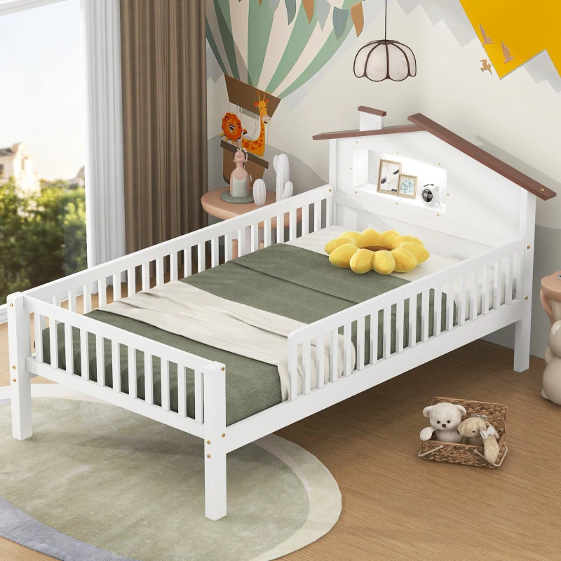 Twin Size Wood Platform Bed with House-Shaped Headboard, LED Light, Built-in Storage, 82" L x 41" W x 36" H, White