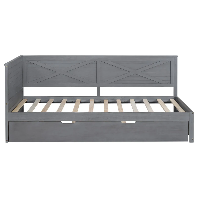 Vinsetto Twin Size Wood Daybed with Trundle, Rustic Guardrail, Solid Wood Construction, 77.5" L x 42" W x 33.5" H, Grey