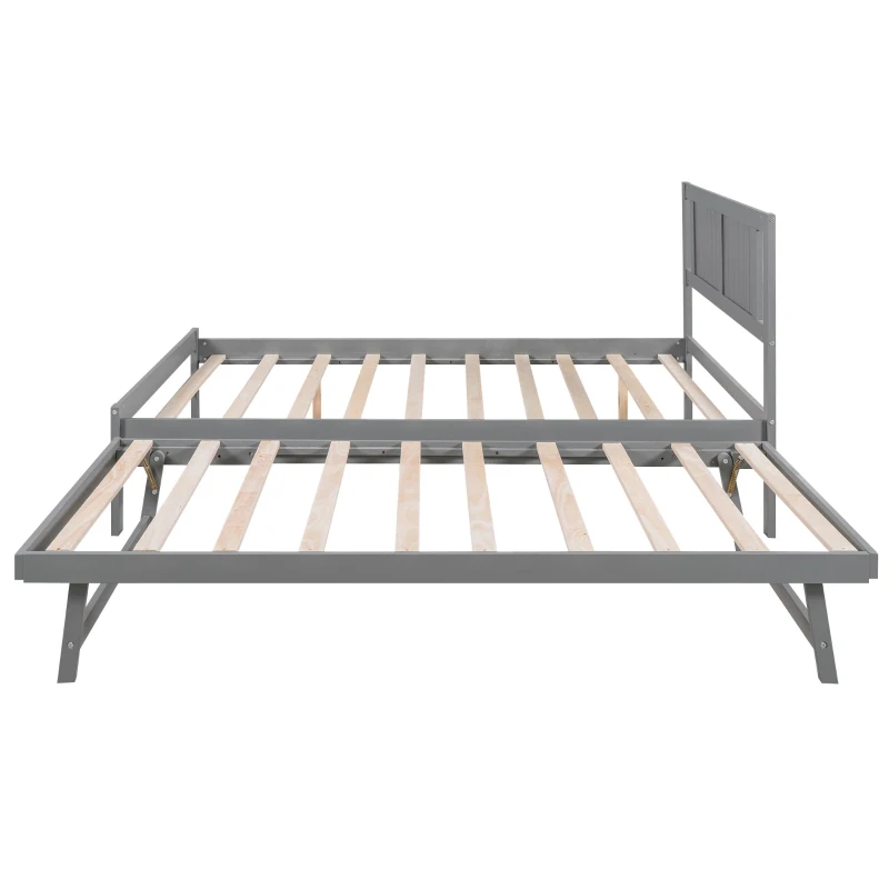 Full Size Platform Bed with Adjustable Trundle, Solid Pine Wood and MDF, 78" L x 97.5" W x 39.5" H, Gray