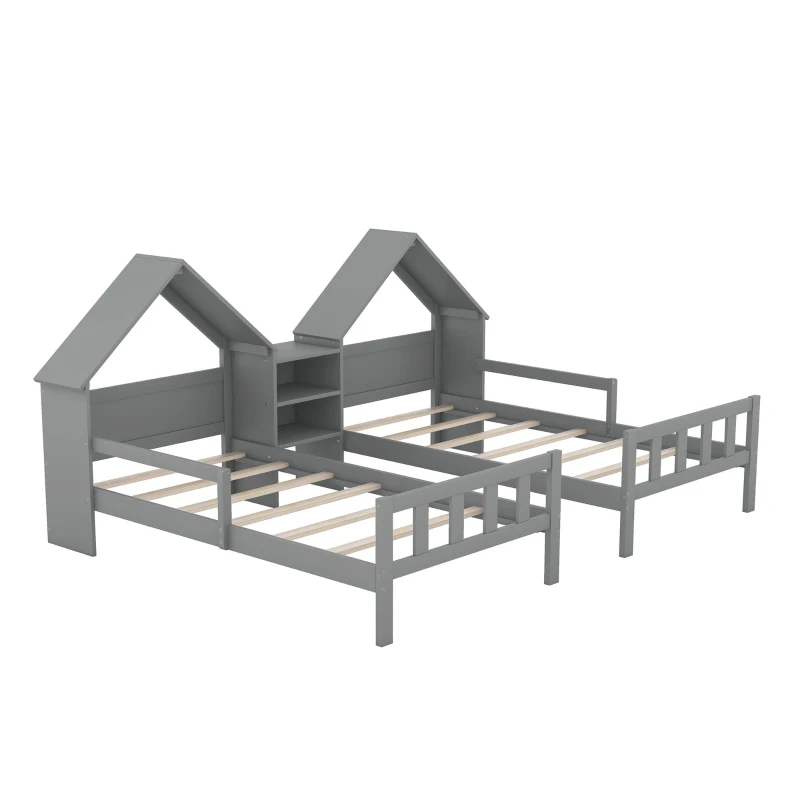 Double Twin Size Platform Bed with House-Shaped Headboard, Built-in Nightstand, Solid Wood Construction, 99.5" L x 78" W x 48" H, Gray