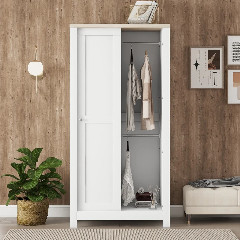 Bedroom Storage Wardrobe with Hanging Rods, 2 Drawers, Open Shelves, and Sliding Door, 31.5" L x 20.5" W x 68" H, White