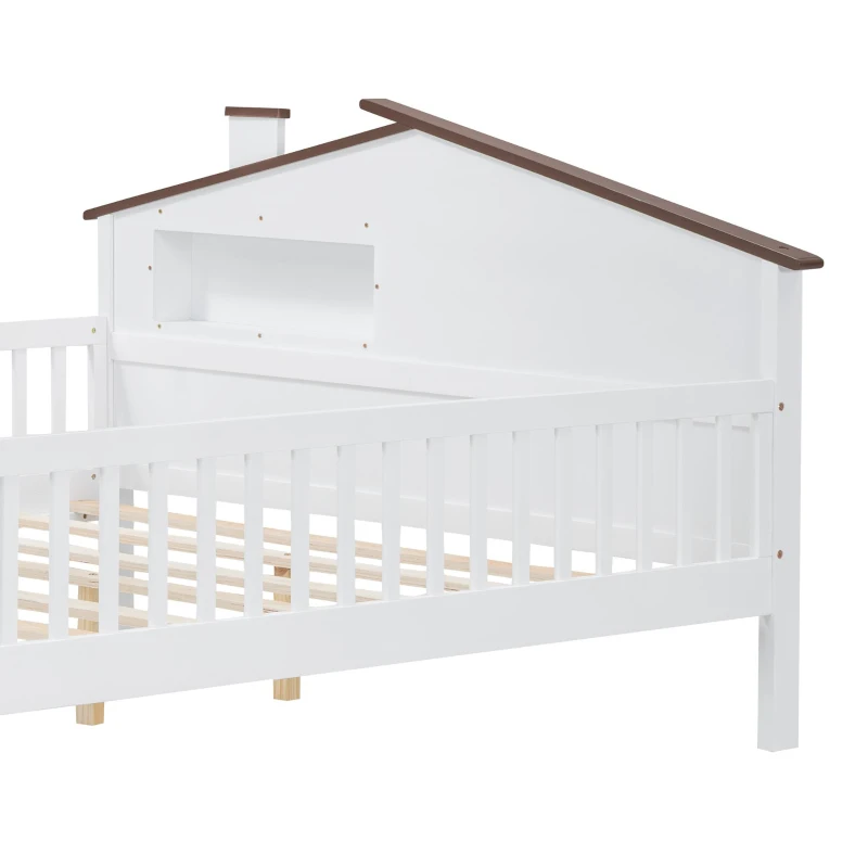 Full Size Wood Platform Bed with House-Shaped Headboard, LED Light, Built-in Storage, 82" L x 56" W x 36" H, White