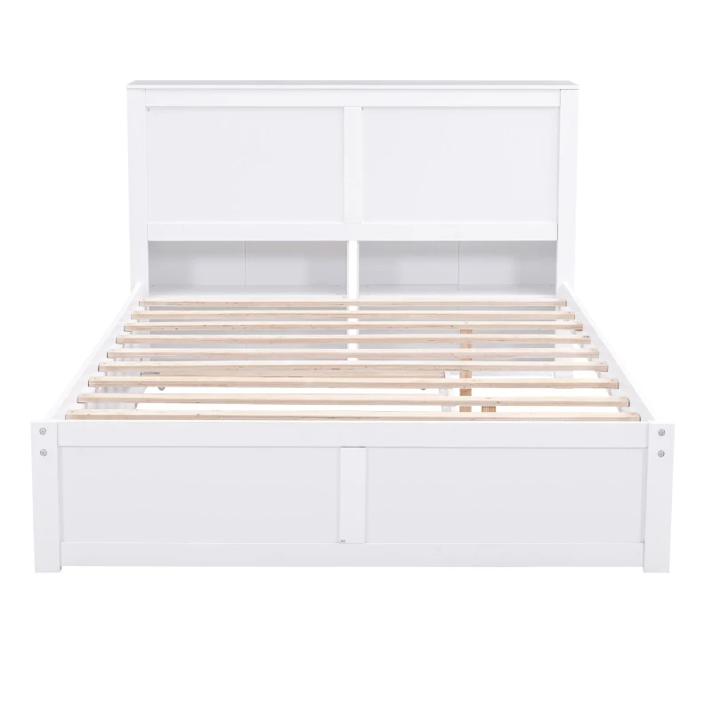 Full Size Storage Platform Bed with Pull Out Shelves, Twin Size Trundle, Solid Wood and MDF, 98" L x 89" W x 39.5" H, White