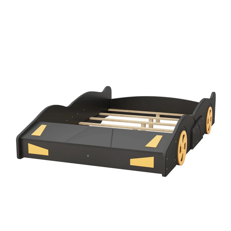 Full Size Race Car-Shaped Platform Bed with Wheels and Storage, Solid Wood and MDF, 90.5" L x 55" W x 15.5" H, Black